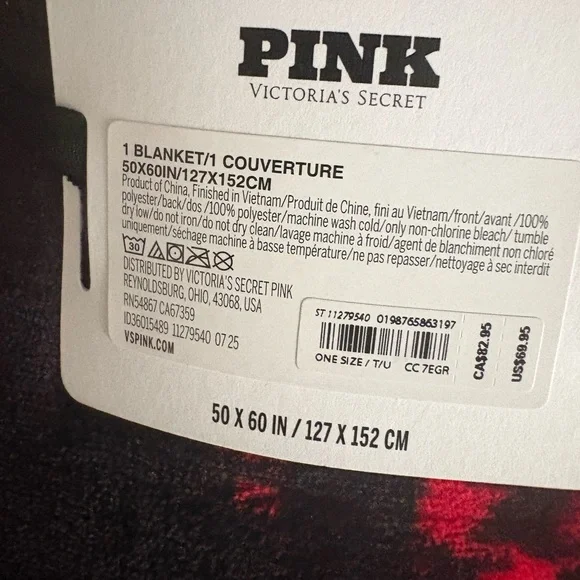 NEW PINK Victoria's Secret Red and Black Plush Throw Blanket